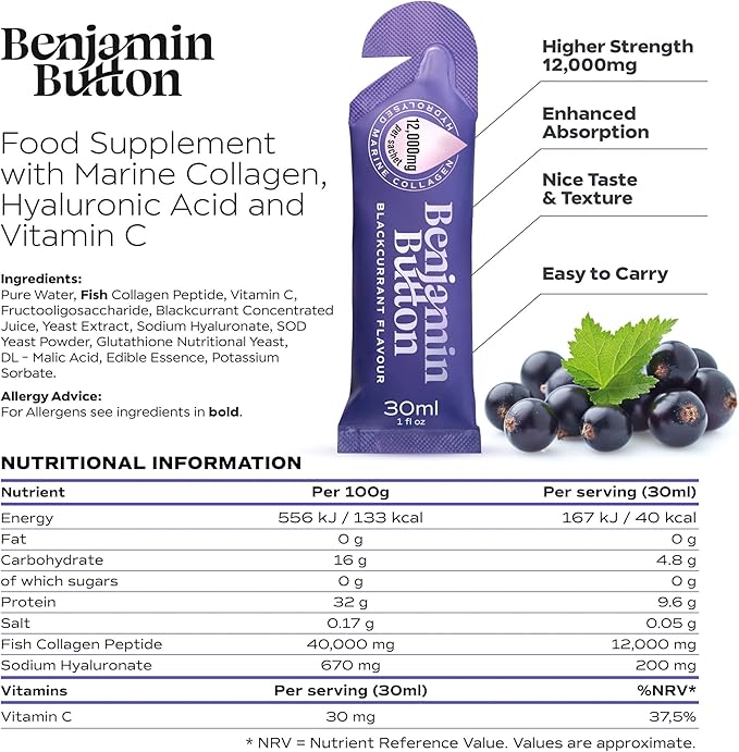 12,000mg Marine Collagen Liquid Shots| Hydrolyzed Marine Collagen Peptides w/Hyaluronic Acid & Vitamin C for Skin, Hair & Joints | Berry Black Currant Flavor, 14 Servings 30ml
