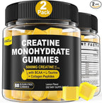 Creatine Monohydrate Gummies for Men & Women - with BCAA, Collagen Peptides, L-Taurine, Vitamin B12, D3, Chewables Creatine Monohydrate 5g Per Serving, Natural Lemon Flavor, Sugar Free, 2 Pack
