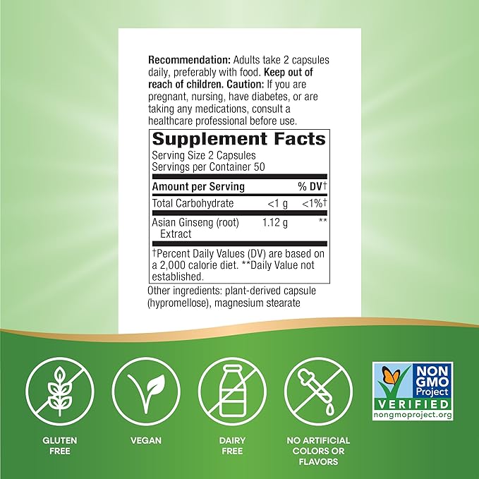 Nature's Way Asian Ginseng, Fights Fatigue*, 1,120mg Per 2-capsule Serving, Non-GMO Project Verified, Vegan, 100 Capsules (Packaging May Vary)