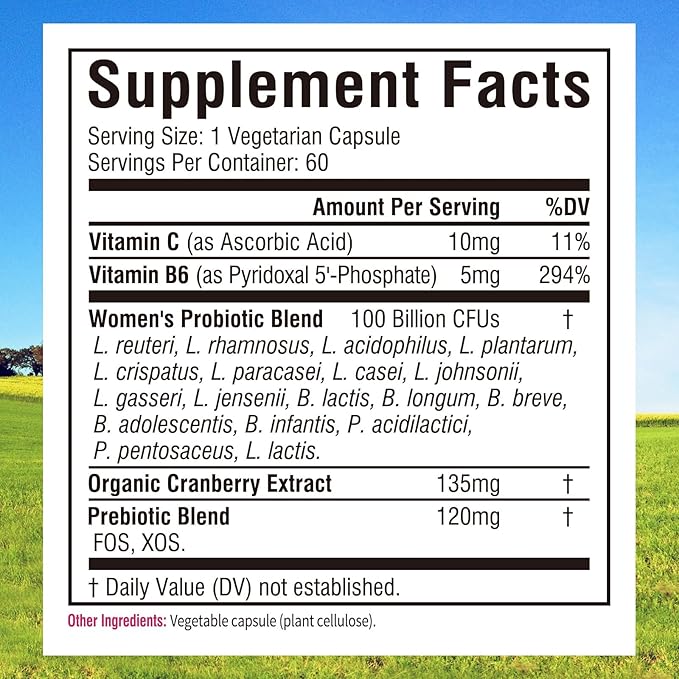 Innate Vitality Probiotics for Women, 100 Billion CFUs 18 Strains, Prebiotics and Probiotics, with Cranberry, Vitamin C & B6 P5P, Vaginal & Digestive Health, Non refrigerated, 60 Caps