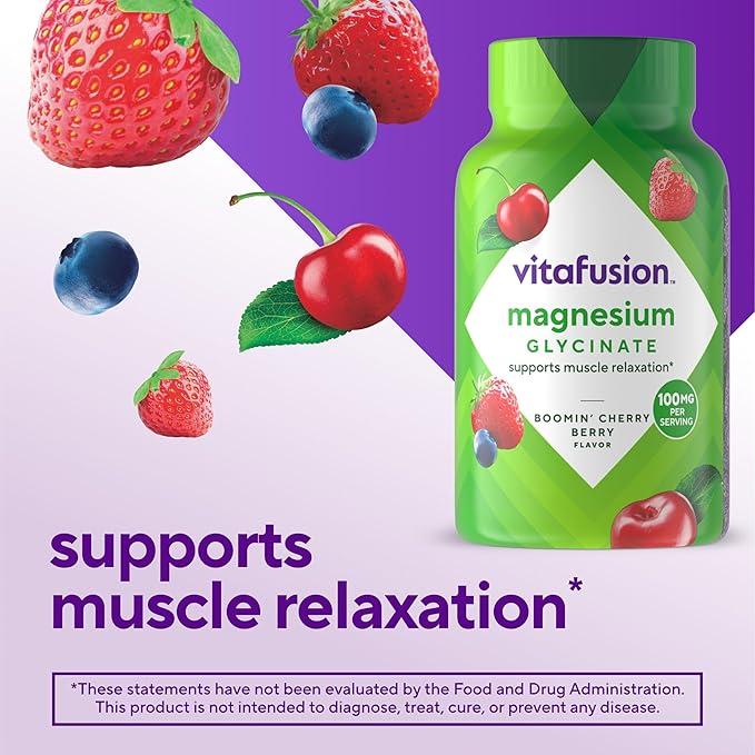 vitafusion Magnesium Glycinate Gummy Supplement, 100 mg per Serving Supports Muscle Relaxation (1) for Adult Women & Men, Boomin’ Cherry Berry Flavor, 60 Count