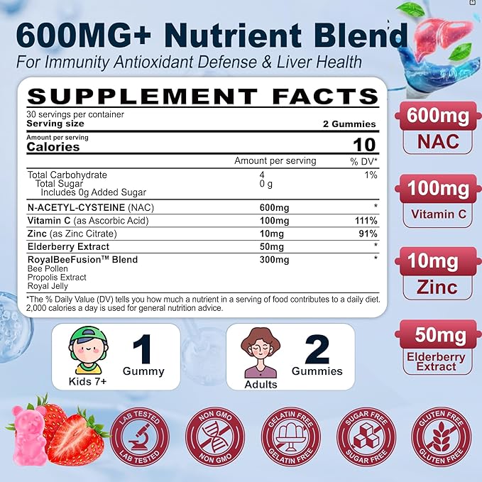 Nextdia NAC Gummies for Kids & Adults, Chewable N-Acetyl Cysteine Supplement 600mg 1000mg w/Vitamin C, Zinc, Elderberry for Antioxidants & Immune Support, Lung & Liver Health, Sugar Free, 120 Ct