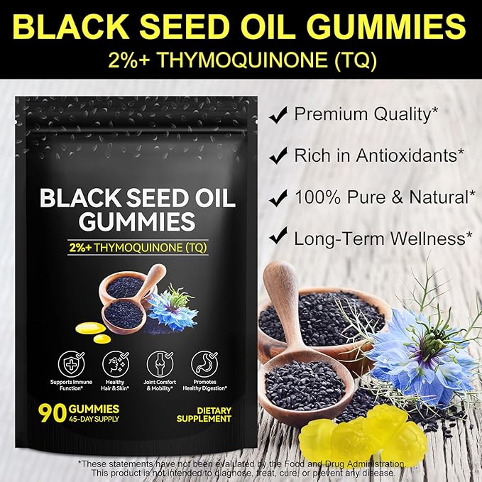 Black Seed Oil Gummies,Contains 500mg of Cold-Pressed Black Seed Oil,Promotes Digestion | Gluten Free | Non-GMO | Pectin Base,Hair Strength & Skin Hydration,90 Gummies