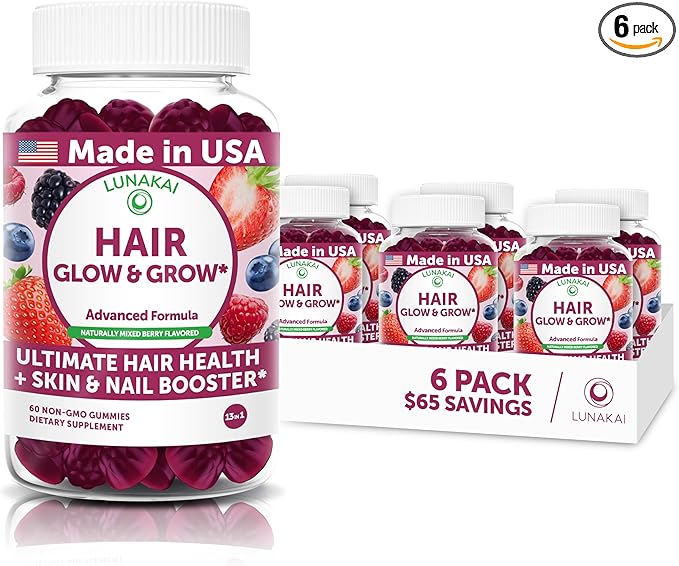 Lunakai USA Made Super Hair Gummies with Biotin, Zinc, Horsetail Extract & Saw Palmetto - Hair Growth Vitamins for Women & Men – Supports Thicker, Longer, Stronger Tresses, Skin & Nails - 6 Pack