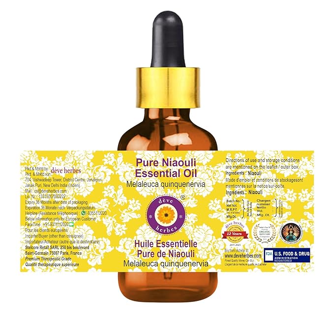 Deve Herbes Pure Niaouli Essential Oil (Melaleuca quinquenervia) with Glass Dropper Steam Distilled 30ml (1 oz)