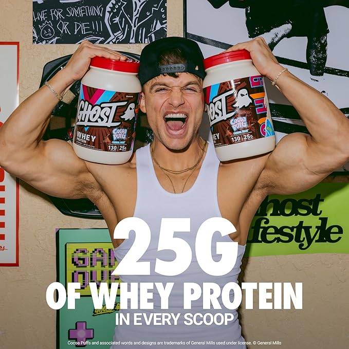 GHOST Whey Protein Powder, Cocoa Puffs Cereal Milk - 2LB, 25G of Protein - Whey Protein Isolate & Concentrate Blend - Post Workout Fitness & Nutrition Shakes, Smoothies & Baking - Soy & Gluten Free