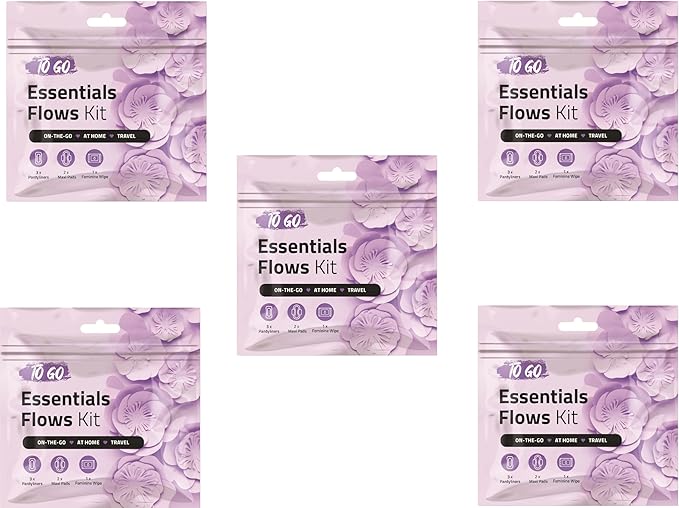 Essential Flows Kit with 3 Pantiliners, 2 Maxi Pads & 1 Feminine Wipe – Light Daily Period Care for Women & Girls – Travel Hygiene Pack (Purple) (5)
