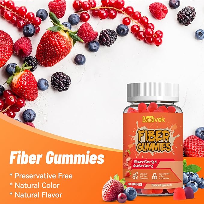 Fiber Gummies for Women and Men – Dietary Fiber, Gut Health Support, Vegan, Non-GMO, Non-Gluten, Mixed Berry & Strawberry Flavors, 60 Count