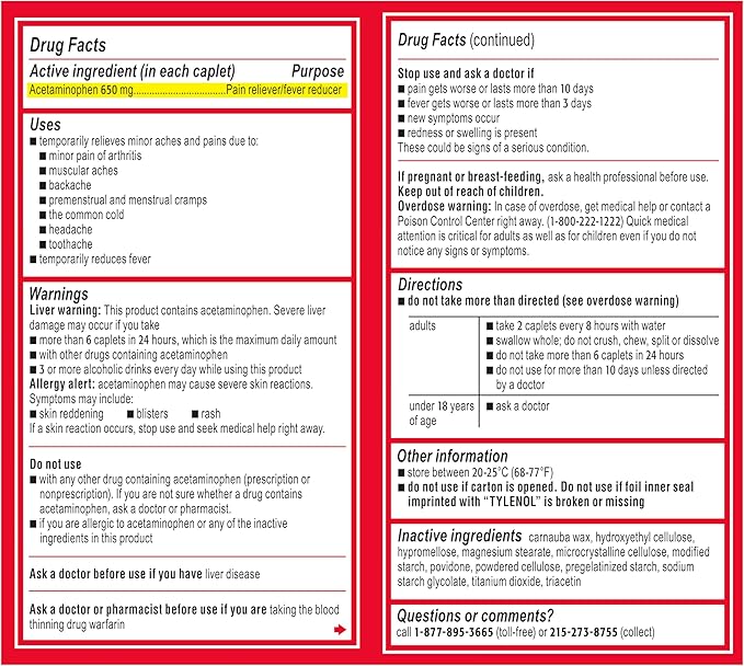 Tylenol Acetaminophen 650 mg Extended Release Caplets, Fast, Strong Pain Relief, 8 Hour Arthritis Pain Relief, Joint Pain Reliever & Fever Reducer, Long-Lasting Relief, Oral Medicine, 225 Count