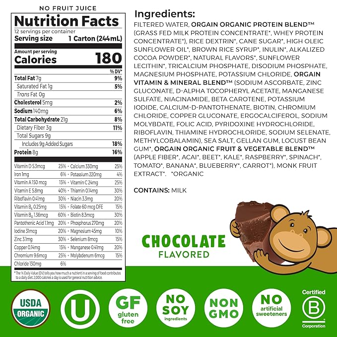 Orgain Organic Kids Nutritional Protein Shake, Chocolate, Healthy Kids Snacks, 8g Dairy Protein, 3g Fiber, 22 Vitamins & Minerals, No Soy Ingredients, Gluten Free, Non-GMO, 8.25 Fl Oz (Pack of 24)