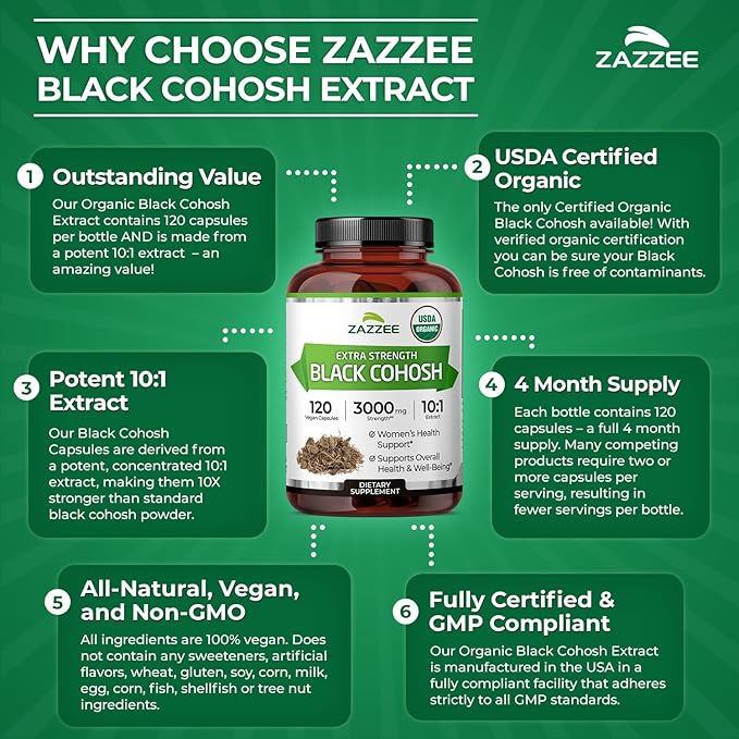 Zazzee USDA Organic Black Cohosh 10:1 Extract, 120 Vegan Capsules, 4 Month Supply, Actaea Racemosa, Women’s Health & Hormonal Balance Support, All-Natural, Non-GMO, Made in the USA