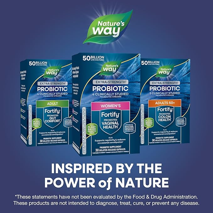 Nature's Way Women's Extra Strength(1) Fortify Probiotic 50B Cultures, Supports Digestive, Vaginal & Immune Health*, Plant-Based Prebiotic Fiber, Non-GMO Project Verified, 30 Capsules