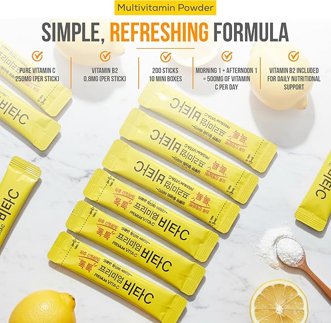 MOHNIC] 200 Sticks Korean Vitamin C Powder with B2, Lemon Flavor, VIT C Packets, Natural C Blend, Super C Mix, Sufficient-C Style, Pure C Blend from Korean Supplements