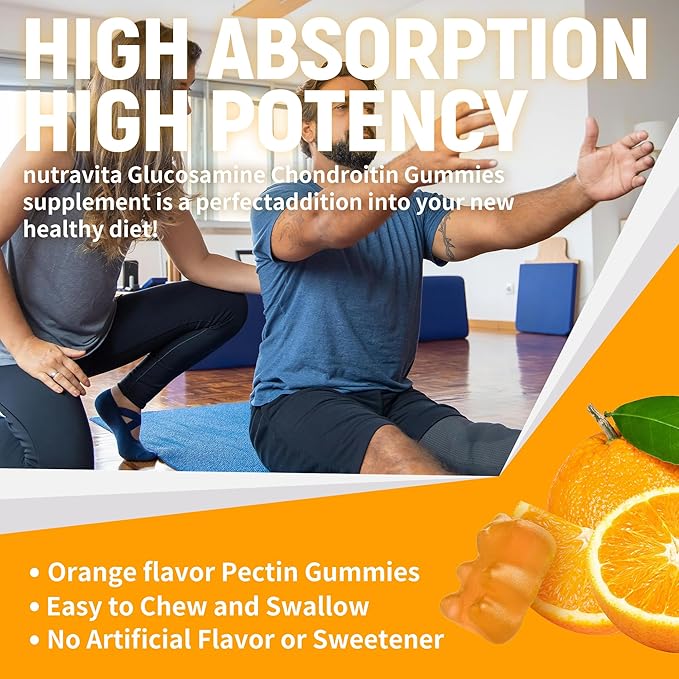 Nutravita Glucosamine Chondroitin Gummies with MSM & Elderberry Extra Strength - Joint Support, Antioxidant Immune Support Supplement for Adults, Men & Women.120 Orange Chews