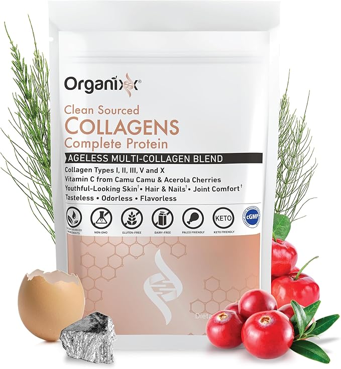 Organixx Clean Sourced Collagen Peptides Powder with Vitamin C, Types I, II, III, V, X Hydrolyzed Collagen, Hair, Nail, Skin, Bone & Joint Health, Aging Support, Gluten Free, Unflavored, 30 Servings
