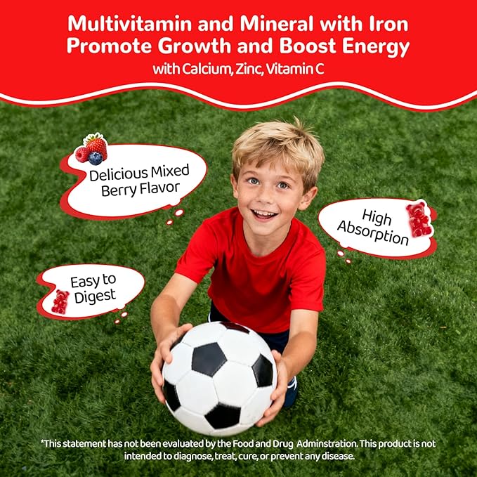 Iron Gummies for Kids & Teens, Kids Multivitamin with Iron Supplement, Vitamin B Complex, A, C, D3, Calcium, Zinc, DHA, Prebiotic, Blood Builder & Energy Support for Iron Deficiency, Vegan, 60 Ct