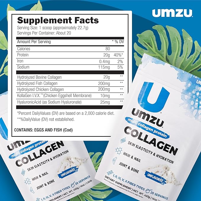 UMZU zuCollagen Multi Collagen Protein Powder, Unflavored – 5 Collagen Types I II III V X – High Protein Low Calorie Supplement for Hair Growth Skin Elasticity Joint Health and Daily Recovery Support