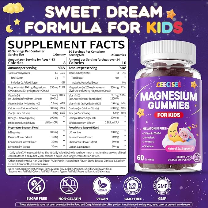 Magnesium Gummies Supplement for Kids 4+: Organic Chewable Supplement with Citrate Magnesium VitaminB6 D3 Zinc L-Theanine - Extra Strength Zzz Aid Overall Health Support for Kids(120Count)