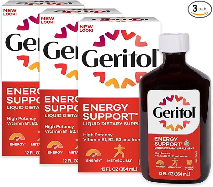Geritol Liquid Vitamin and Iron Supplement, Energy Support, Contains High Potency B-Vitamins and Iron, Pleasant Tasting, Easy to Swallow, No Artificial Sweeteners, Non-GMO, 12 Oz, 3 Pack