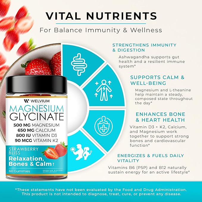 Magnesium Glycinate Gummies with Ashwagandha, L-Theanine - 500mg Magnesium Glycinate, D3, K2, B6, Calcium, Zinc, Potassium Supplement for Muscle, Immune and Bone Support, Chewable Magnesium