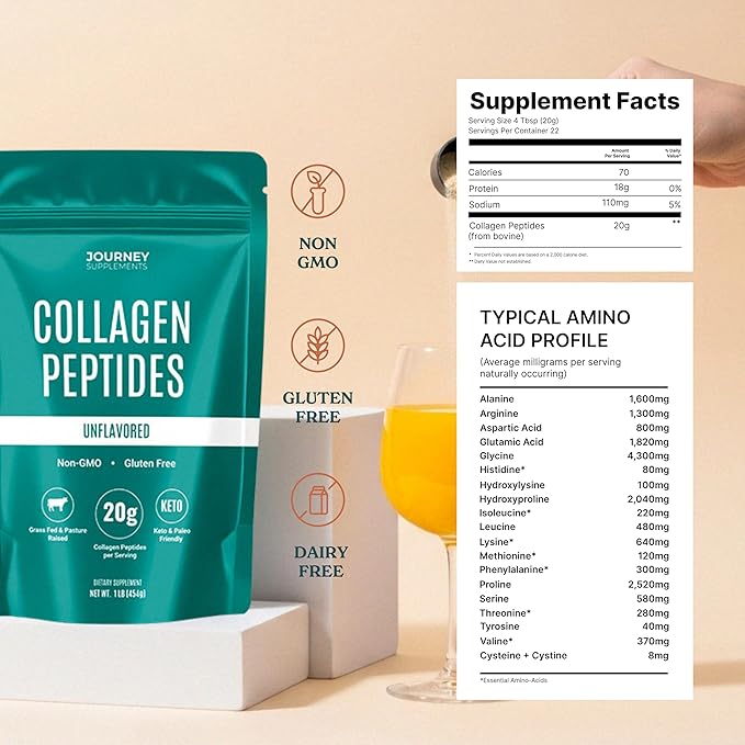 Collagen Peptides Powder, Unflavored, 1 lb – Supports Hair, Skin, Nail, Bone & Joint Health – Hydrolyzed, Grass-Fed, Gluten-Free, Keto-Friendly, Zero Sugar Protein Supplement.