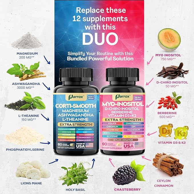 Cortisol & Myo-Inositol Supplement Bundle, Soothe & Smooth Bundle, Cortisol Balance, GABA, Magnesium, Ashwagandha, L-Theanine, D-Chiro Inositol, Folate, Berberine, Chasteberry, Zinc (3 Pack)
