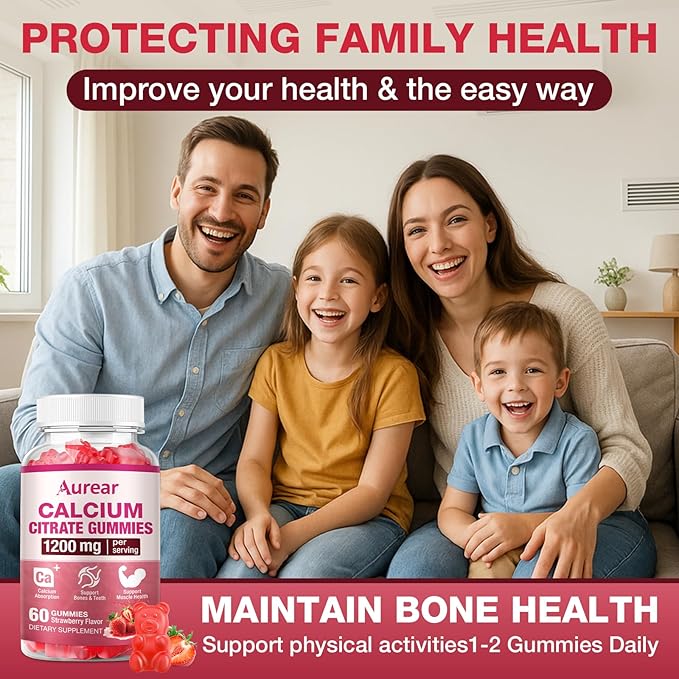 Calcium Citrate Gummies - Strawberry Flavor, 1200mg High Potency, Supports Bone, Muscle & Overall Wellness for Men, Women & Seniors, 60 Count Chewable Calcium Supplement (Pack of 1)