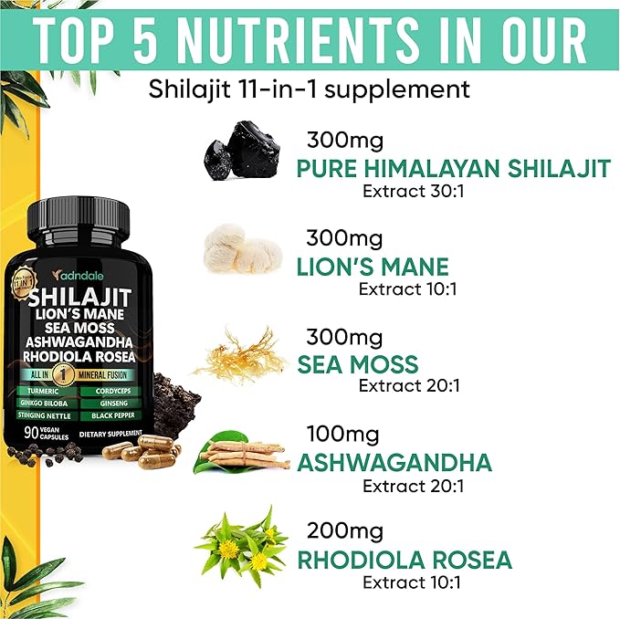 Adndale Shilajit for Men and Women. Pure Himalayan Organic Shilajit Capsules with Sea Moss Ashwagandha Rhodiola Rosea Lion’s Mane. 90 Count