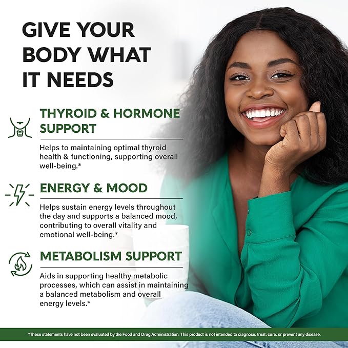 Thyroid Support for Women - Selenium 200 mcg | Astragalus | Zinc & Iodine | L-Tyrosine | Adaptogen Herbs - 21-in-1 Antioxidant & Immune Support - Made in USA - Vegan, Non-GMO, Lab Tested - 60 Capsules