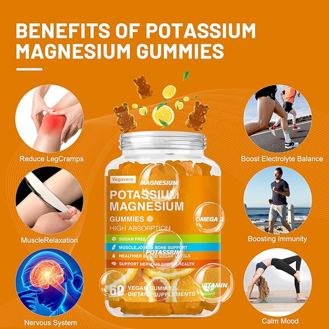 Potassium Magnesium Gummies - Magnesium Glycinate B6,D3 & Potassium Citrate for Leg Cramps,Muscle,Electroyte for Adults Kids,Sugar-Free - 60 Orange Gummies