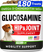 Glucosamine Treats for Dogs - Joint Supplement w/ Omega-3 Fish Oil - Chondroitin, MSM - Advanced Mobility Chews - Joint Pain Relief - Hip & Joint Care - Peanut Butter Flavor - 180 Ct - Made in USA
