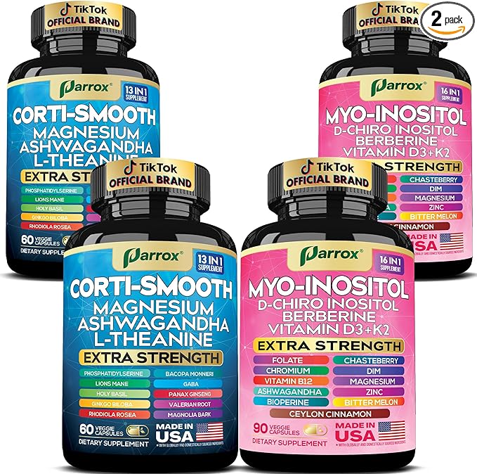 Cortisol & Myo-Inositol Supplement Bundle, Soothe & Smooth Bundle, Cortisol Balance, GABA, Magnesium, Ashwagandha, L-Theanine, D-Chiro Inositol, Folate, Berberine, Chasteberry, Zinc (2 Pack)