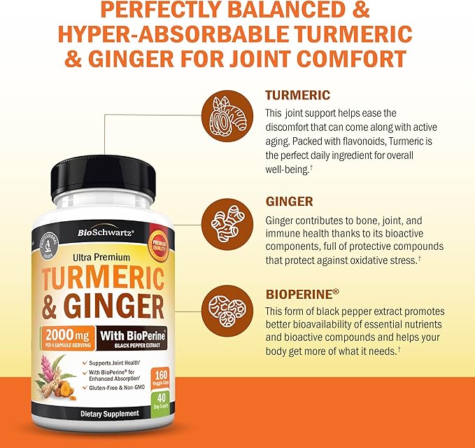 Turmeric and Ginger Supplement with BioPerine - Turmeric Curcumin with Black Pepper & Organic Ginger for Enhanced Absorption for Digestion Knee & Joint Support - Vegan & Non-GMO (40 Servings)