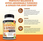 Turmeric and Ginger Supplement with BioPerine - Turmeric Curcumin with Black Pepper & Organic Ginger for Enhanced Absorption for Digestion Knee & Joint Support - Vegan & Non-GMO (40 Servings)