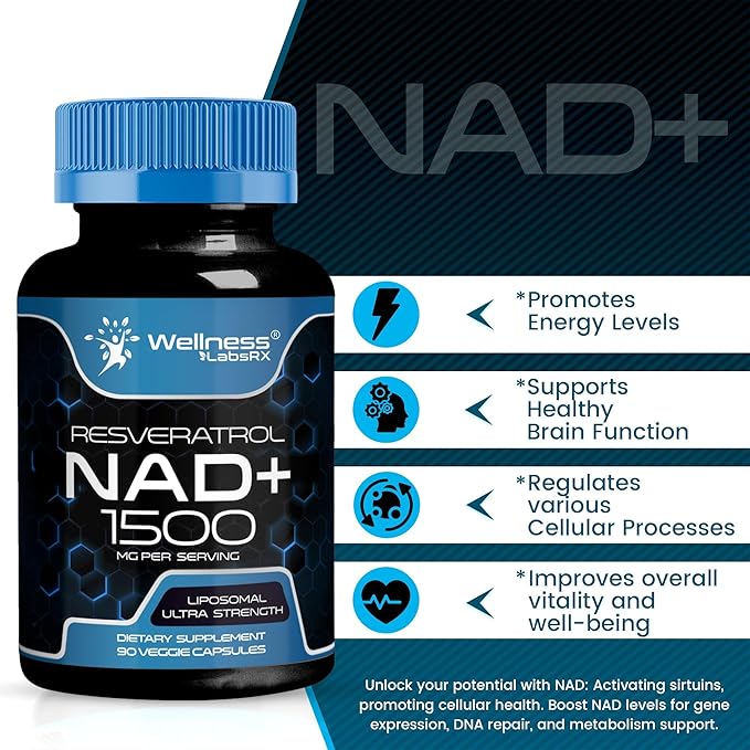 WELLNESS LABSRX Liposomal NAD Supplement, 1500mg - USA Made, NAD Resveratrol Supplement for Women and Men, NAD+ Support Cellular Health, Energy & Anti Aging - 2 Pack