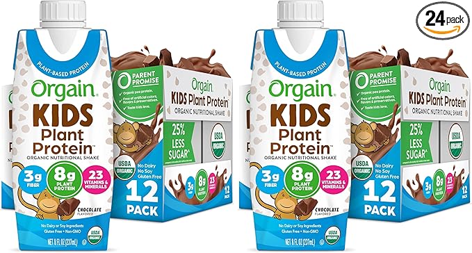 Orgain Organic Kids Nutritional Vegan Protein Shake,Chocolate - Healthy Kids Snacks,8g Plant Protein,23 Vitamins & Minerals,3g Fiber,No Dairy & Soy,Non-GMO,8 Fl Oz Package May Vary,(Pack of 24)