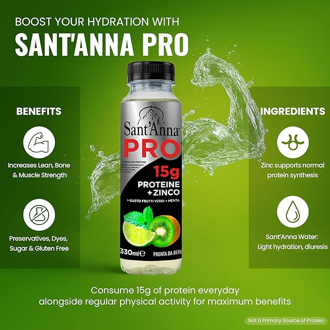Sant'Anna PRO Functional Protein Drink – Green Fruits & Mint, 11.15 Fl Oz (12-Pack) | 15g Protein + Zinc | No Sugar | Clear Water | Crafted with Sant’Anna Alpine Water | BPA-Free | No Preservatives