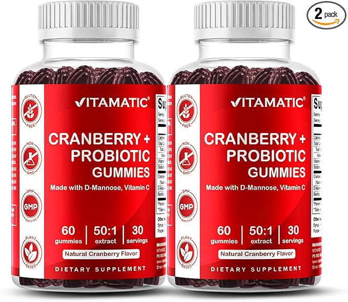 Vitamatic 2 Pack Cranberry Gummies with D-Mannose, Probiotics, Vitamin C – Plant-Based Botanical Extract – Vegan, Non-GMO – 60 Count