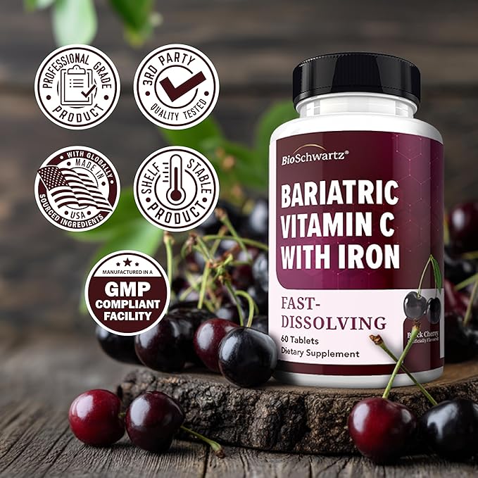 BioSchwartz Bariatric Vitamin C with Iron 45mg Chewable Tablets - 30 Servings, 60 Tablets - Sugar-Free, Fast-Dissolving Bariatric Iron Supplement for Women - Gentle on Stomach, Black Cherry Flavored