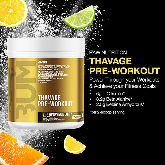 RAW Pre Workout Powder, Thavage (Champion Mentality) - Chris Bumstead Sports Nutrition Supplement for Men & Women - Cbum Pre Workout for Working Out, Hydration, Mental Focus & Energy - 40 Servings
