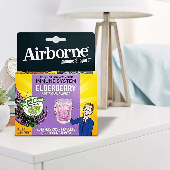 Airborne Elderberry Extract + Vitamin C 1000mg (per Serving) - Effervescent Tablets (20 Count in a Box), Gluten-Free Immune Support Supplement, with Vitamins A C E, Zinc, Selenium, Sugar Free