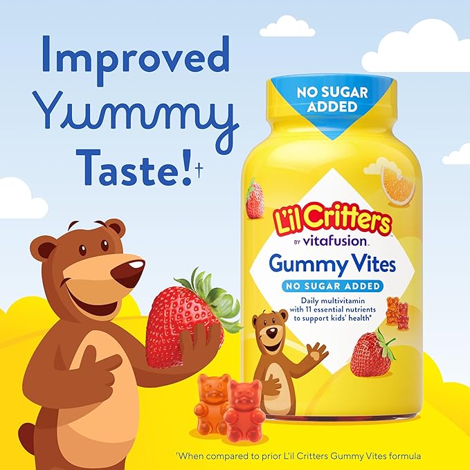 L’il Critters Gummy Vites No Sugar Added Daily Gummy Multivitamin for Ages 2+ Toddlers & Kids, Vitamin C, D3 for Immune, Strawberry and Orange Flavors, 100 Gummies