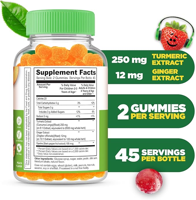 Lifeable Turmeric Curcumin and Ginger for Kids – with Black Pepper Extract – Great Tasting Natural Flavor Gummy Supplement – Gluten Free Vegetarian Chewable – 90 Gummies