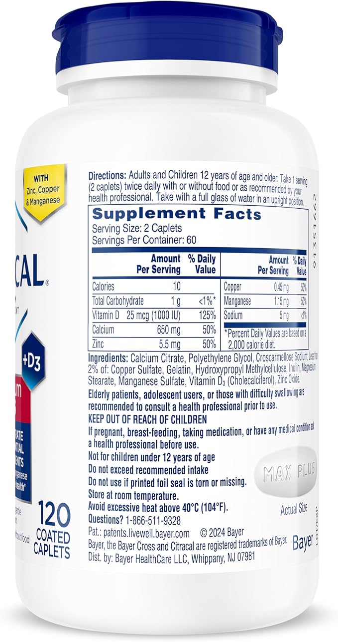 Citracal Maximum Plus Calcium Supplement - Calcium Citrate with Vitamin D3, Zinc, & Essential Minerals for Bone Health Support, Ages 12+, 120 Count (Packaging May Vary)