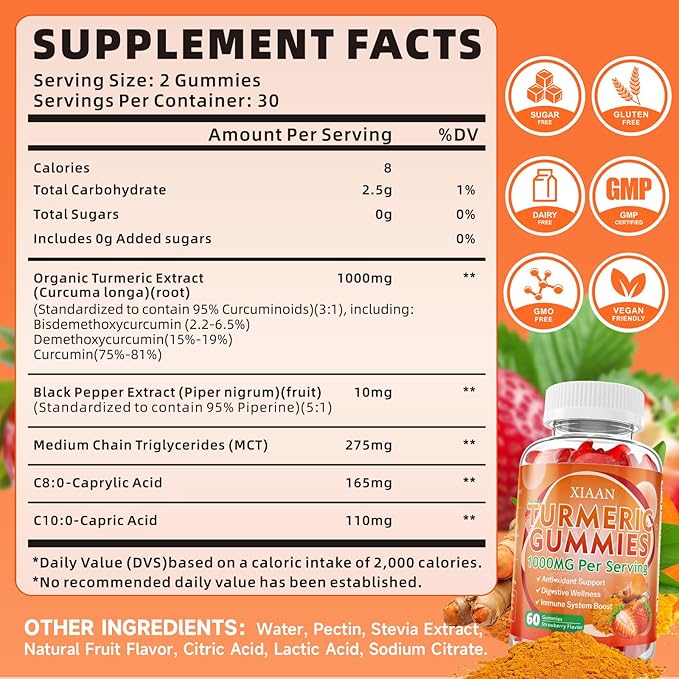 Turmeric Gummies 1000mg, Organic Turmeric Curcumin Supplement with Black Pepper for Immune & Muscle Support, Sugar-Free/Vegan/Gluten-Free, Strawberry Flavor 60 Count