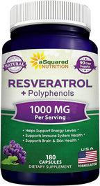aSquared Nutrition Natural Resveratrol with Red Wine Extract - 180 Capsules - Trans Resveratrol Antioxidant Supplement Pills for Pure Heart Health - Extra Strength Trans-Resveratrol