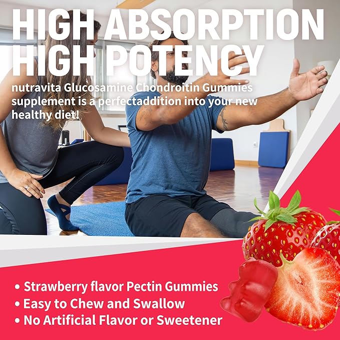 Nutravita Glucosamine Chondroitin Gummies with MSM & Elderberry Extra Strength - Joint Support, Antioxidant Immune Support Supplement for Adults, Men & Women.120 Strawberry Chews