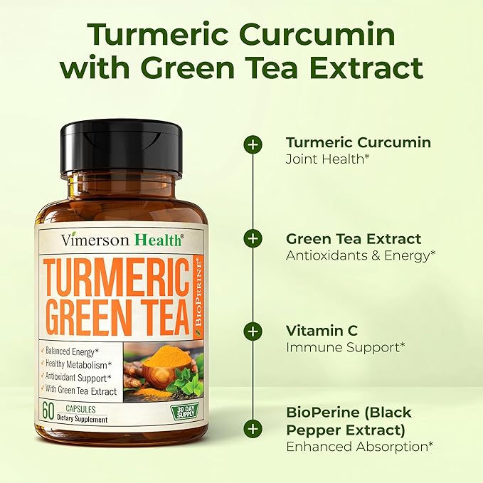 Turmeric Curcumin Supplement with Green Tea Extract (ECGC) & Vitamin C for Joint Health, Energy & Inflammation Balance - Organic Tumeric Curcumin with Black Pepper - Gluten-Free, Non-GMO. 2-Pack