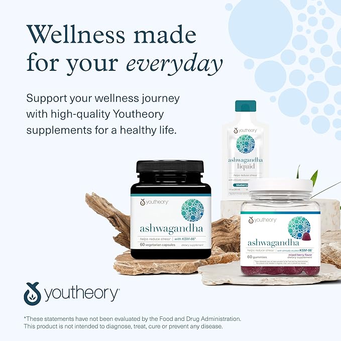 Youtheory Ashwagandha - Vegetarian Energy & Stress Support Supplement with Organic KSM-66 & Ginger Extract - Cane Sugar-Mixed Berry, 60 Gummies (20 Day Supply)