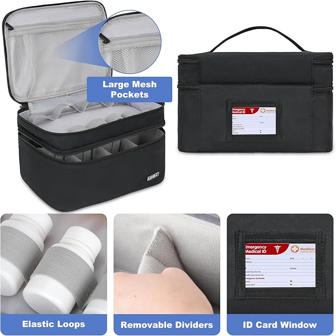 LEFOR·Z Medicine Storage Bag,Double Layers Pill Bottle Organizer Bag Empty with Lockable Zipper&Adjustable Divider,Medication Travel Carrying Bag for Pills,Vitamins,Medical Supplies